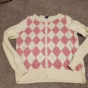 Talbots Pink and Cream Argyle Cardigan With Sequins Size Large